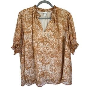 Ava & Viv 1X Light Blouse Butterscotch & Cream Print Ruffled Collar &‎ Sleeves